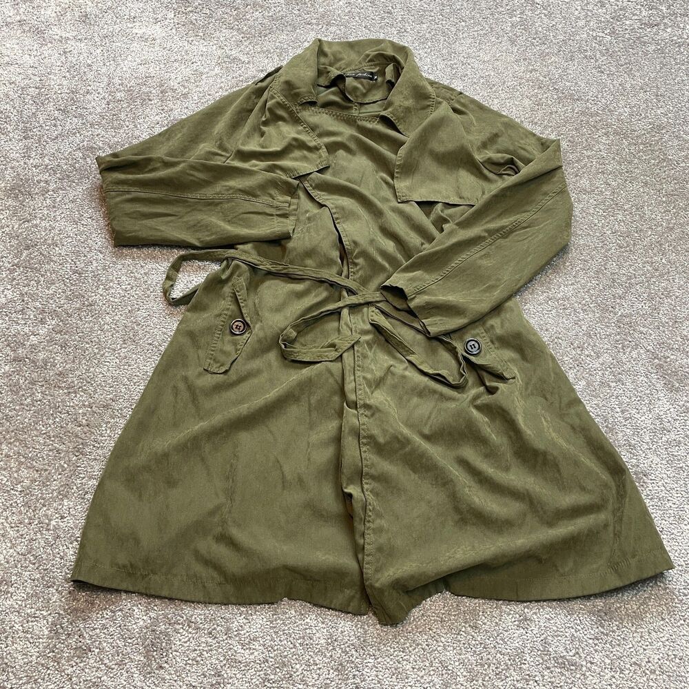 Elena Fashion Jacket Womens Medium Green Trench Coat Belted Soft Button Pockets